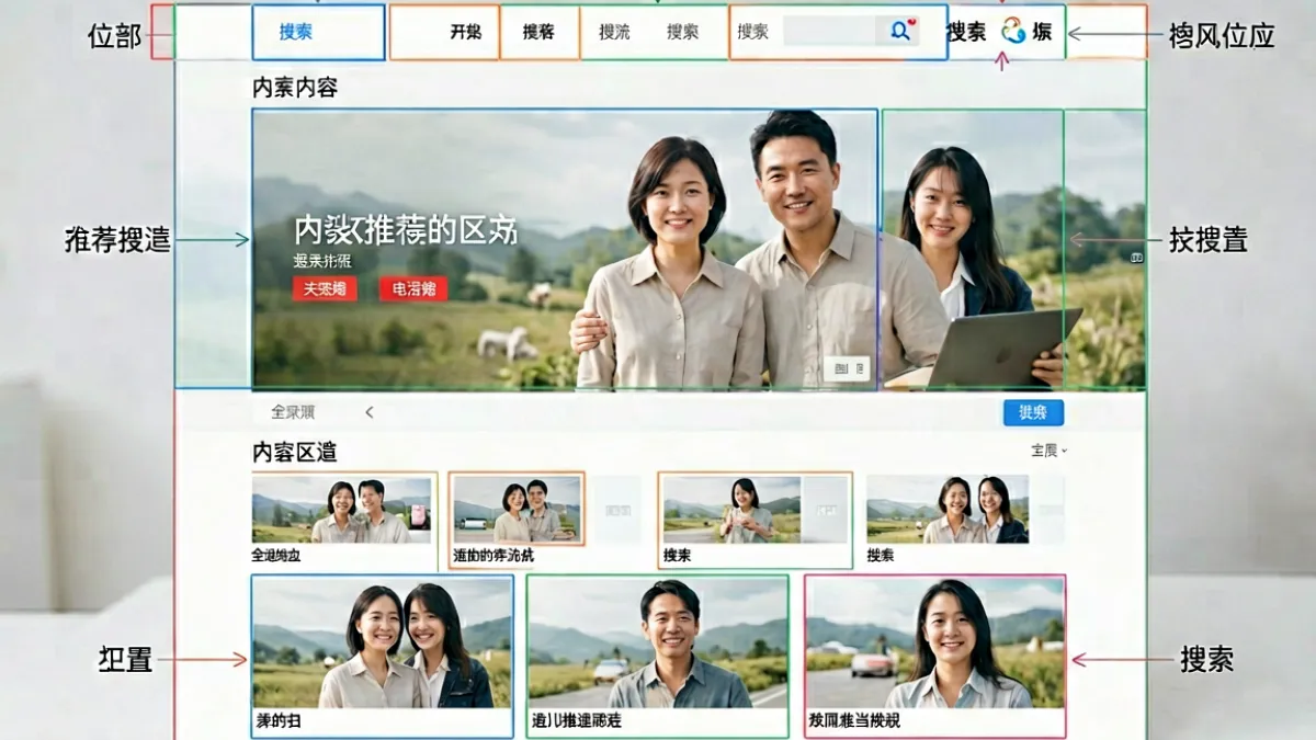 果冻传媒-进入首页 - 果冻传媒官网首页内容分区示意图，标注顶部导航、推荐内容流与右上角搜索框的位置关系