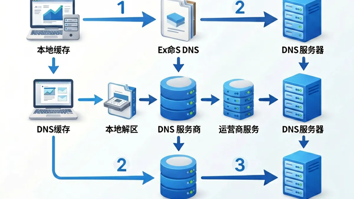 技术示意图展示DNS域名切换原理，说明果冻传媒-进入首页域名变更时用户访问路径变化过程